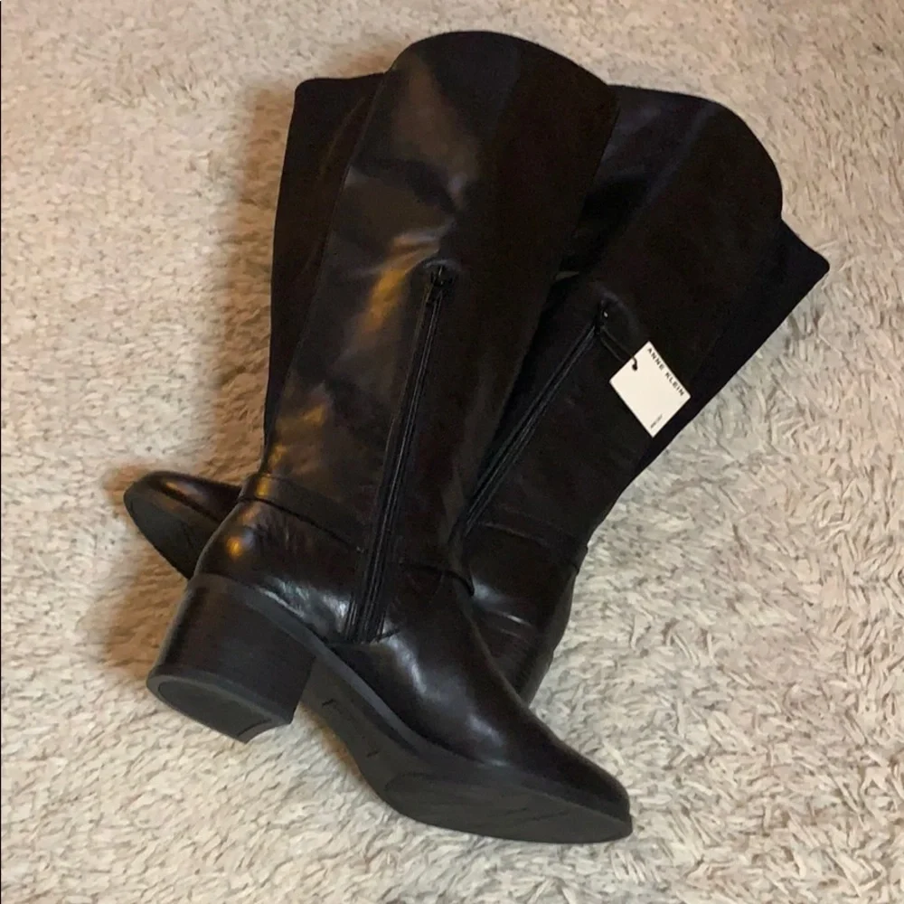 Anne Klein Black Wide Calf Leather Knee High Boots